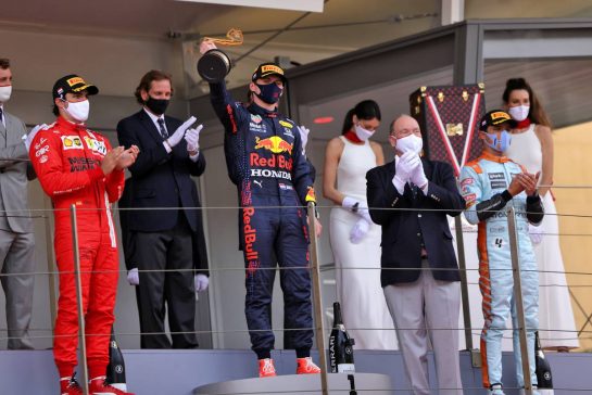 Race winner Max Verstappen (NLD) Red Bull Racing celebrates on the podium.
23.05.2021. Formula 1 World Championship, Rd 5, Monaco Grand Prix, Monte Carlo, Monaco, Race Day.
- www.xpbimages.com, EMail: requests@xpbimages.com © Copyright: Bearne / XPB Images