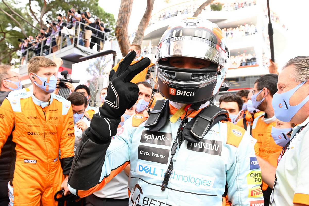 Lando Norris (GBR) McLaren celebrates his third position in parc ferme. 23.05.2021. Formula 1 World Championship, Rd 5, Monaco Grand Prix, Monte Carlo