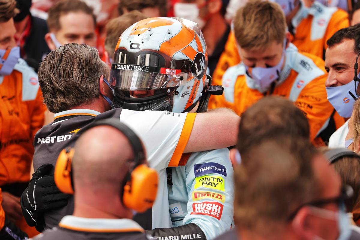 Lando Norris (GBR) McLaren celebrates his third position in parc ferme with Zak Brown (USA) McLaren Executive Director. 23.05.2021. Formula 1 World Championship, Rd 5, Monaco Grand Prix, Monte Carlo, Monaco