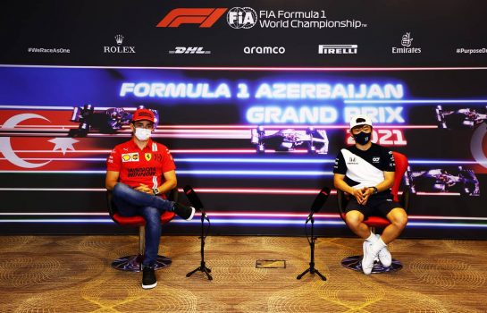 (L to R): Charles Leclerc (MON) Ferrari and Yuki Tsunoda (JPN) AlphaTauri in the FIA Press Conference.
03.06.2021. Formula 1 World Championship, Rd 6, Azerbaijan Grand Prix, Baku Street Circuit, Azerbaijan, Preparation Day.
- www.xpbimages.com, EMail: requests@xpbimages.com &copy; Copyright: FIA Pool Image for Editorial Use Only