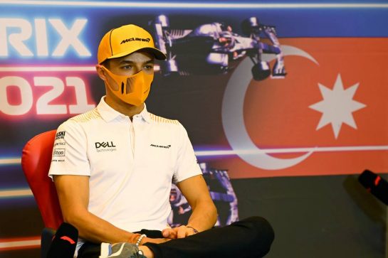 Lando Norris (GBR) McLaren in the FIA Press Conference.
03.06.2021. Formula 1 World Championship, Rd 6, Azerbaijan Grand Prix, Baku Street Circuit, Azerbaijan, Preparation Day.
- www.xpbimages.com, EMail: requests@xpbimages.com &copy; Copyright: FIA Pool Image for Editorial Use Only