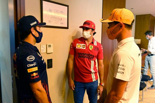 (L to R): Sergio Perez (MEX) Red Bull Racing, Carlos Sainz Jr (ESP) Ferrari, and Lando Norris (GBR) McLaren.
03.06.2021. Formula 1 World Championship, Rd 6, Azerbaijan Grand Prix, Baku Street Circuit, Azerbaijan, Preparation Day.
- www.xpbimages.com, EMail: requests@xpbimages.com &copy; Copyright: FIA Pool Image for Editorial Use Only