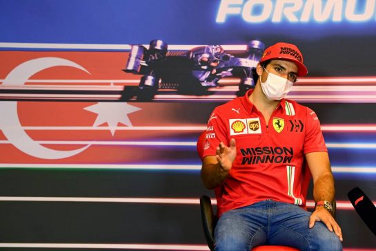 Carlos Sainz Jr (ESP) Ferrari in the FIA Press Conference.
03.06.2021. Formula 1 World Championship, Rd 6, Azerbaijan Grand Prix, Baku Street Circuit, Azerbaijan, Preparation Day.
- www.xpbimages.com, EMail: requests@xpbimages.com &copy; Copyright: FIA Pool Image for Editorial Use Only