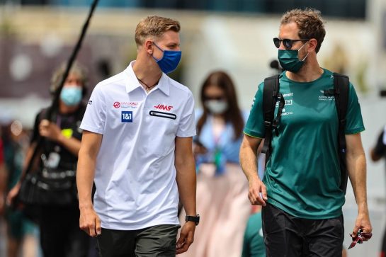 (L to R): Mick Schumacher (GER) Haas F1 Team with Sebastian Vettel (GER) Aston Martin F1 Team.
04.06.2021. Formula 1 World Championship, Rd 6, Azerbaijan Grand Prix, Baku Street Circuit, Azerbaijan, Practice Day.
- www.xpbimages.com, EMail: requests@xpbimages.com © Copyright: Charniaux / XPB Images