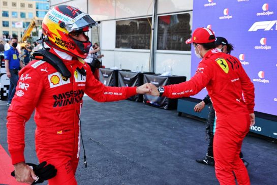 (L to R): Carlos Sainz Jr (ESP) Ferrari with team mate and pole sitter Charles Leclerc (MON) Ferrari in qualifying parc ferme.
05.06.2021. Formula 1 World Championship, Rd 6, Azerbaijan Grand Prix, Baku Street Circuit, Azerbaijan, Qualifying Day.
- www.xpbimages.com, EMail: requests@xpbimages.com &copy; Copyright: Batchelor / XPB Images