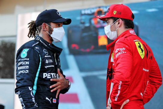 (L to R): Lewis Hamilton (GBR) Mercedes AMG F1 with Charles Leclerc (MON) Ferrari in qualifying parc ferme.
05.06.2021. Formula 1 World Championship, Rd 6, Azerbaijan Grand Prix, Baku Street Circuit, Azerbaijan, Qualifying Day.
- www.xpbimages.com, EMail: requests@xpbimages.com &copy; Copyright: Batchelor / XPB Images