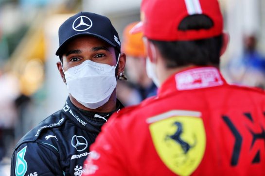 (L to R): Lewis Hamilton (GBR) Mercedes AMG F1 with Charles Leclerc (MON) Ferrari in qualifying parc ferme.
05.06.2021. Formula 1 World Championship, Rd 6, Azerbaijan Grand Prix, Baku Street Circuit, Azerbaijan, Qualifying Day.
- www.xpbimages.com, EMail: requests@xpbimages.com &copy; Copyright: Batchelor / XPB Images