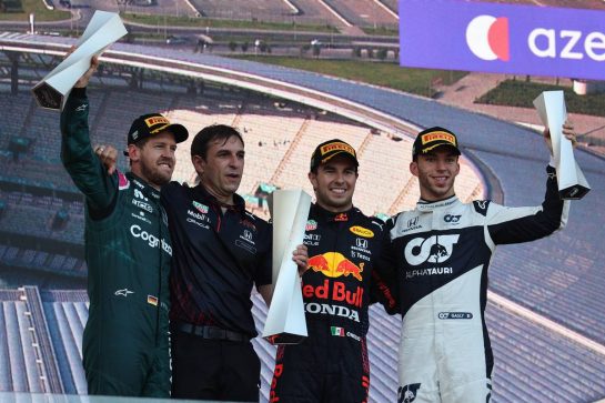 1st place Sergio Perez (MEX) Red Bull Racing RB16B, 2nd place Sebastian Vettel (GER) Aston Martin F1 Team AMR21 and 3rd place Pierre Gasly (FRA) AlphaTauri AT02.
06.06.2021. Formula 1 World Championship, Rd 6, Azerbaijan Grand Prix, Baku Street Circuit, Azerbaijan, Race Day.
- www.xpbimages.com, EMail: requests@xpbimages.com &copy; Copyright: Batchelor / XPB Images