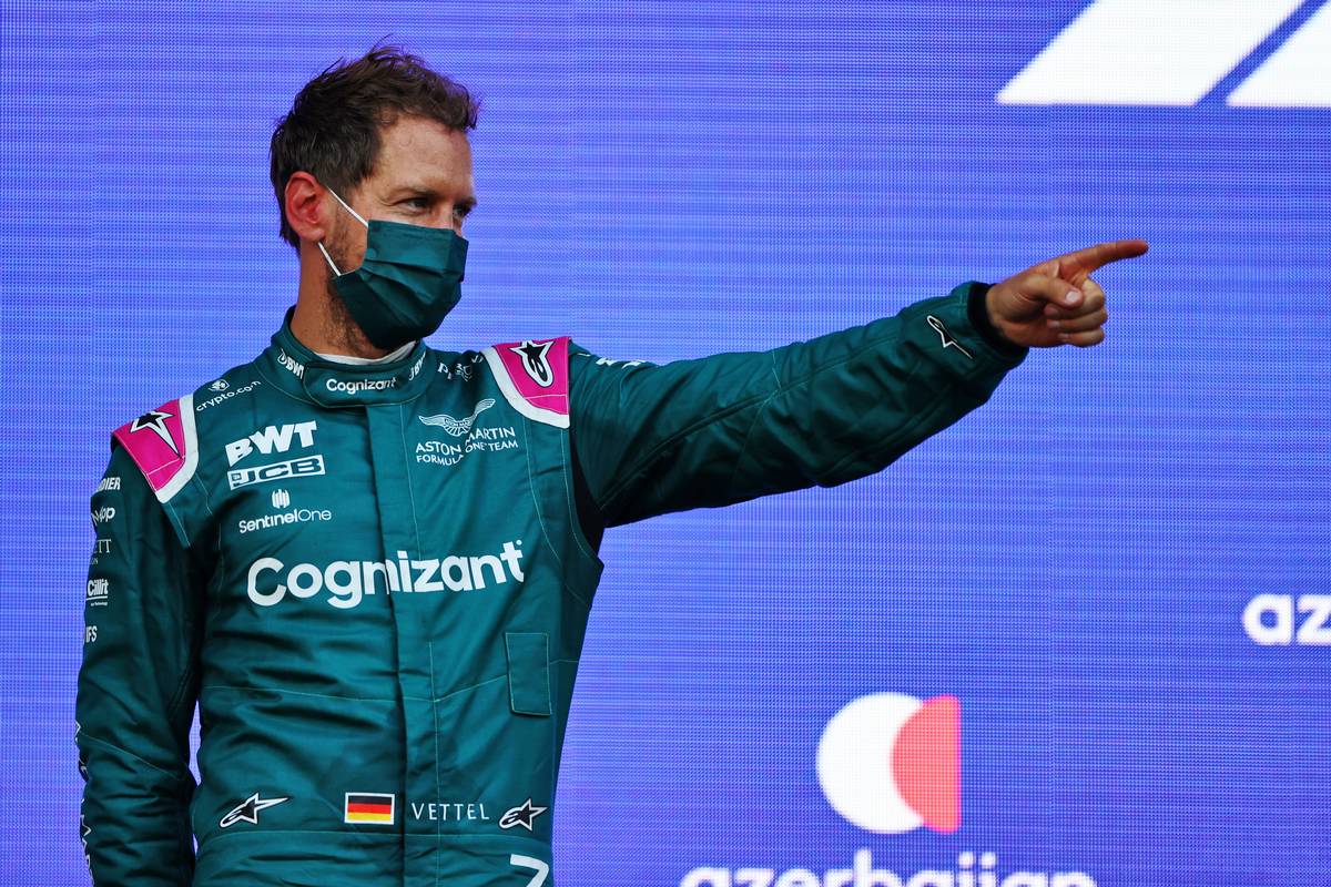 Sebastian Vettel (GER) Aston Martin F1 Team celebrates his second position on the podium. 06.06.2021. Formula 1 World Championship, Rd 6, Azerbaijan Grand Prix, Baku