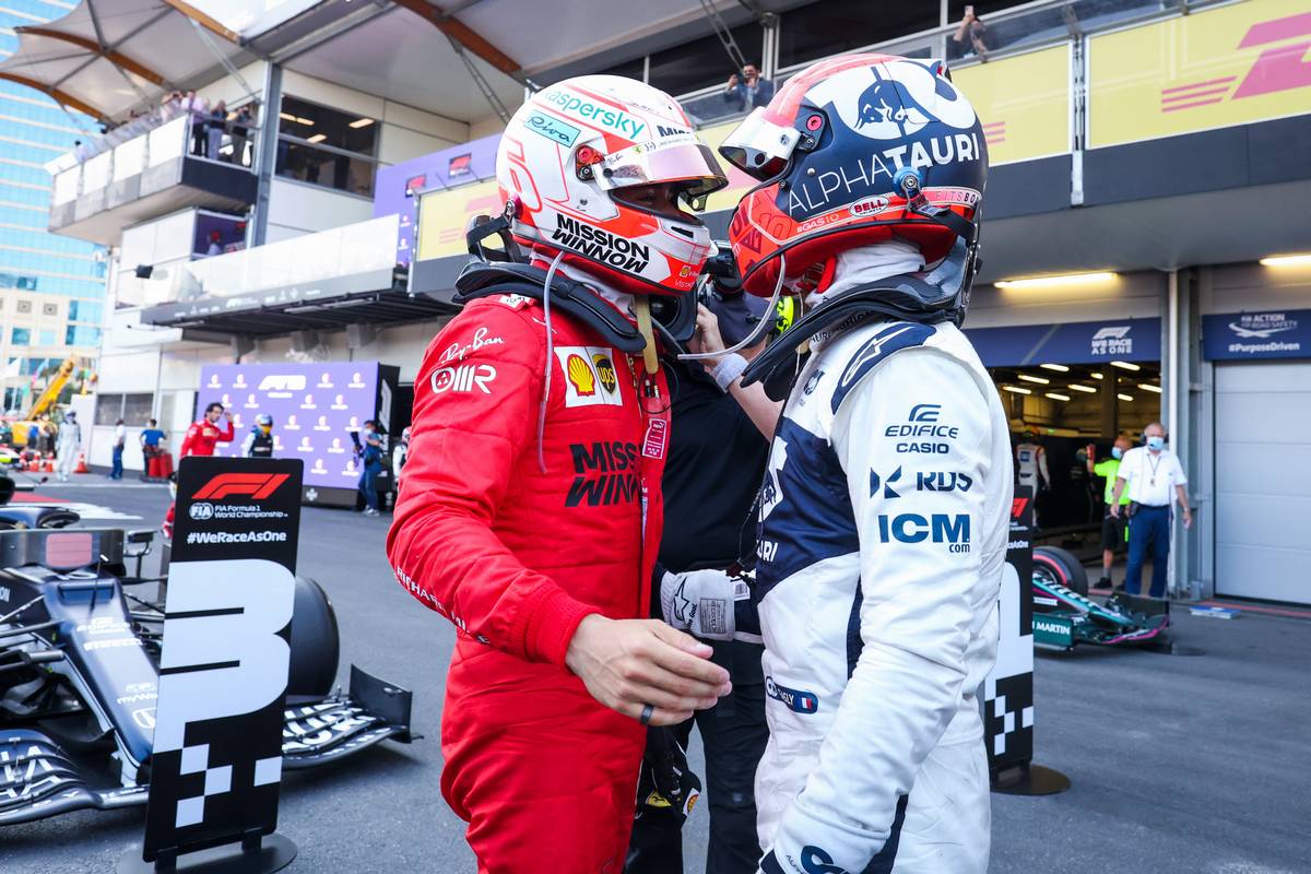 Charles Leclerc (MON) Ferrari congratulates Pierre Gasly (FRA) AlphaTauri on his third place in parc ferme. 06.06.2021. Formula 1 World Championship, Rd 6, Azerbaijan Grand Prix, Baku