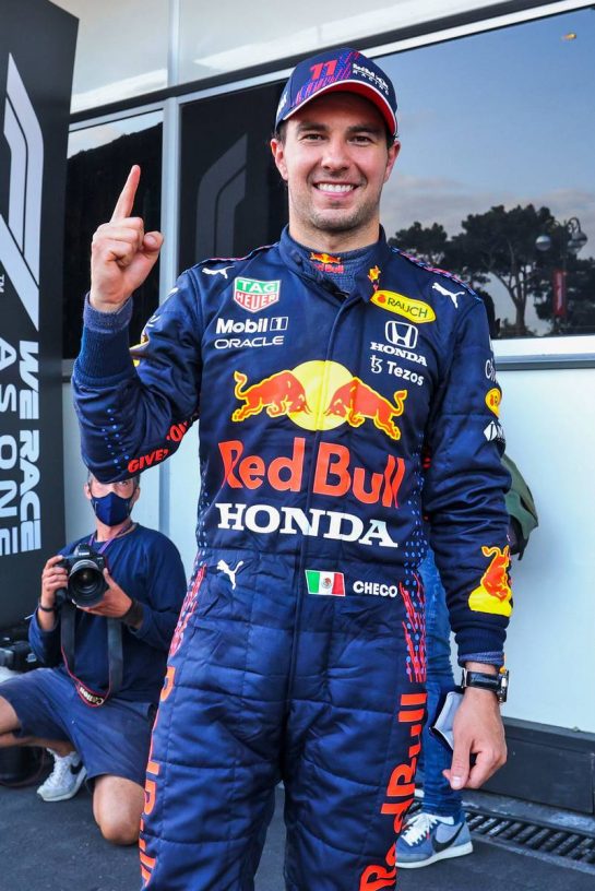 Race winner Sergio Perez (MEX) Red Bull Racing celebrates in parc ferme.
06.06.2021. Formula 1 World Championship, Rd 6, Azerbaijan Grand Prix, Baku Street Circuit, Azerbaijan, Race Day.
- www.xpbimages.com, EMail: requests@xpbimages.com &copy; Copyright: FIA Pool Image for Editorial Use Only