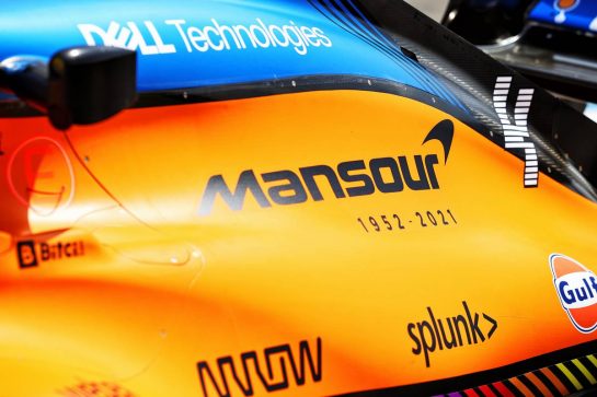 Lando Norris (GBR) McLaren MCL35M carrying a tribute to Mansour Ojjeh.
18.06.2021. Formula 1 World Championship, Rd 7, French Grand Prix, Paul Ricard, France, Practice Day.
- www.xpbimages.com, EMail: requests@xpbimages.com © Copyright: Moy / XPB Images