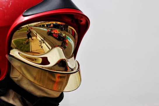 Sergio Perez (MEX) Red Bull Racing RB16B reflected in a fire marshal's helmet visor.
19.06.2021. Formula 1 World Championship, Rd 7, French Grand Prix, Paul Ricard, France, Qualifying Day.
- www.xpbimages.com, EMail: requests@xpbimages.com &copy; Copyright: Moy / XPB Images