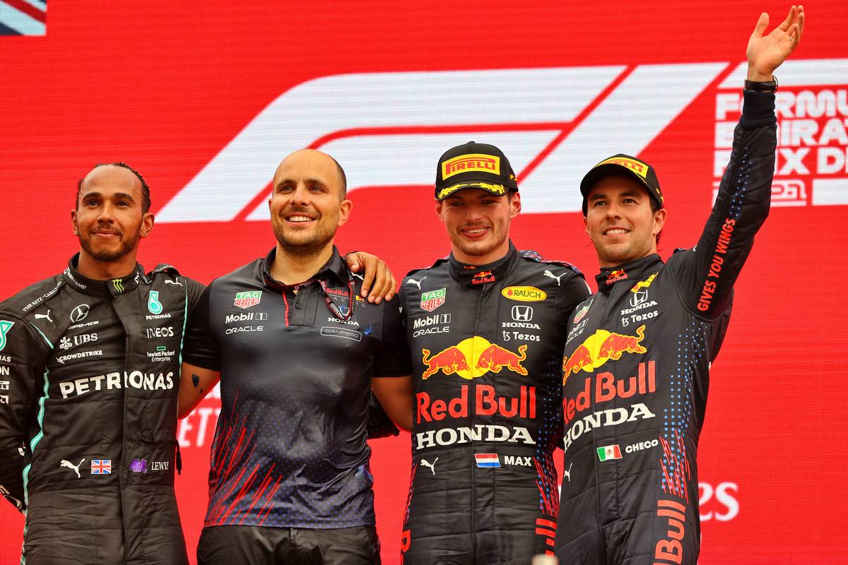 The podium (L to R): Lewis Hamilton (GBR) Mercedes AMG F1, second; Gianpiero Lambiase (ITA) Red Bull Racing Engineer; Max Verstappen (NLD) Red Bull Racing, race winner; Sergio Perez (MEX) Red Bull Racing, third. 20.06.2021. Formula 1 World Championship, Rd 7, French Grand Prix, Paul Ricard