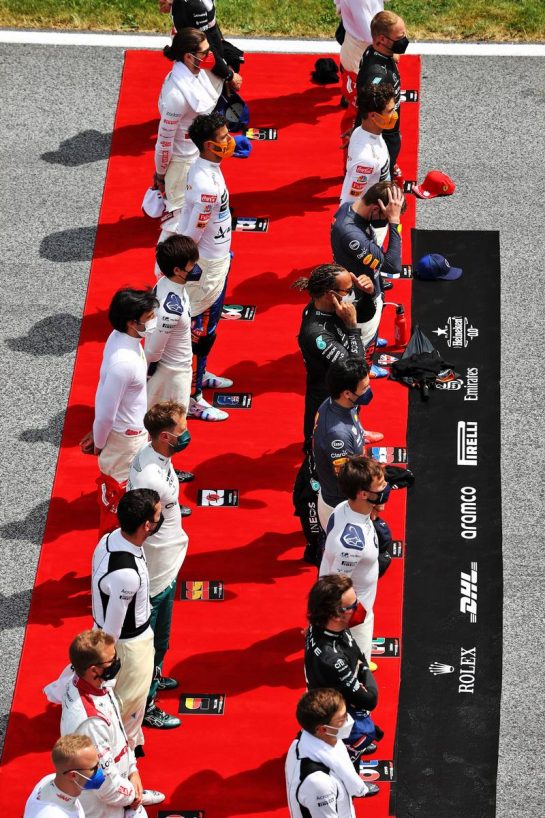 Drivers as the grid observes the national anthem.
27.06.2021. Formula 1 World Championship, Rd 8, Steiermark Grand Prix, Spielberg, Austria, Race Day.
- www.xpbimages.com, EMail: requests@xpbimages.com © Copyright: Moy / XPB Images