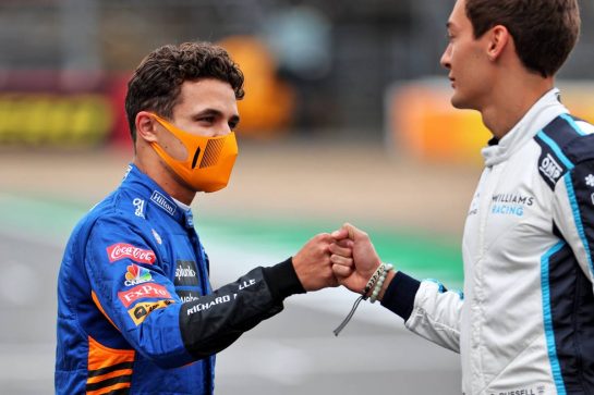 (L to R): Lando Norris (GBR) McLaren and George Russell (GBR) Williams Racing - 2022 Car Launch.
15.07.2021. Formula 1 World Championship, Rd 10, British Grand Prix, Silverstone, England, Preparation Day.
- www.xpbimages.com, EMail: requests@xpbimages.com © Copyright: Batchelor / XPB Images