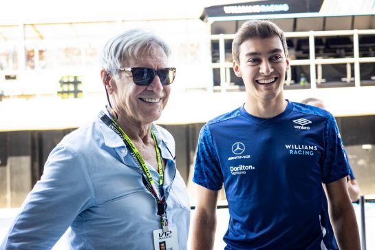 (L to R): Harrison Ford (USA) Actor with George Russell (GBR) Williams Racing.
18.07.2021. Formula 1 World Championship, Rd 10, British Grand Prix, Silverstone, England, Race Day.
- www.xpbimages.com, EMail: requests@xpbimages.com &copy; Copyright: Bearne / XPB Images