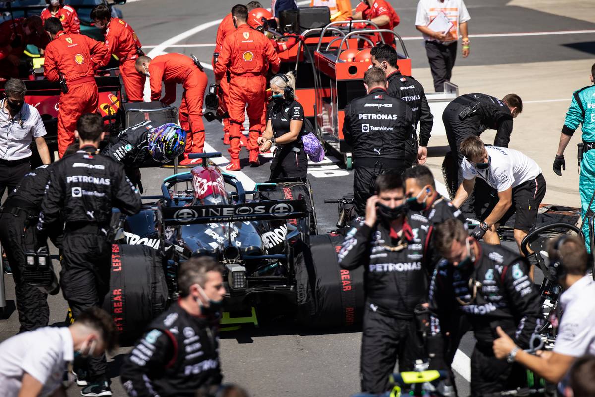 Lewis Hamilton (GBR) Mercedes AMG F1 W12 in the pits while the race is stopped. 18.07.2021. Formula 1 World Championship, Rd 10, British Grand Prix, Silverstone