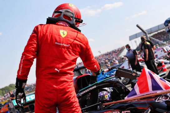 Second placed Charles Leclerc (MON) Ferrari congratulates race winner Lewis Hamilton (GBR) Mercedes AMG F1 W12 in parc ferme.
18.07.2021. Formula 1 World Championship, Rd 10, British Grand Prix, Silverstone, England, Race Day.
- www.xpbimages.com, EMail: requests@xpbimages.com &copy; Copyright: Batchelor / XPB Images