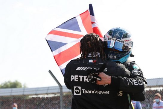 Lewis Hamilton (GBR) Mercedes AMG F1 W12 and Valtteri Bottas (FIN) Mercedes AMG F1.
18.07.2021. Formula 1 World Championship, Rd 10, British Grand Prix, Silverstone, England, Race Day.
- www.xpbimages.com, EMail: requests@xpbimages.com &copy; Copyright: Batchelor / XPB Images