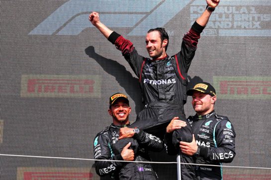 (L to R): Race winner Lewis Hamilton (GBR) Mercedes AMG F1 celebrates on the podium with Valtteri Bottas (FIN) Mercedes AMG F1.
18.07.2021. Formula 1 World Championship, Rd 10, British Grand Prix, Silverstone, England, Race Day.
- www.xpbimages.com, EMail: requests@xpbimages.com &copy; Copyright: Batchelor / XPB Images