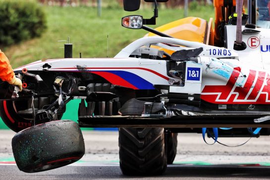 The Haas VF-21 of Mick Schumacher (GER) Haas F1 Team, who crashed in the second practice session.
31.07.2021. Formula 1 World Championship, Rd 11, Hungarian Grand Prix, Budapest, Hungary, Qualifying Day.
- www.xpbimages.com, EMail: requests@xpbimages.com &copy; Copyright: Batchelor / XPB Images
