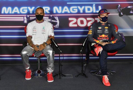 (L to R): Lewis Hamilton (GBR) Mercedes AMG F1 and Max Verstappen (NLD) Red Bull Racing in the post qualifying FIA Press Conference.
31.07.2021. Formula 1 World Championship, Rd 11, Hungarian Grand Prix, Budapest, Hungary, Qualifying Day.
- www.xpbimages.com, EMail: requests@xpbimages.com &copy; Copyright: FIA Pool Image for Editorial Use Only