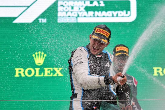 Race winner Esteban Ocon (FRA) Alpine F1 Team celebrates on the podium with second placed Sebastian Vettel (GER) Aston Martin F1 Team.
01.08.2021. Formula 1 World Championship, Rd 11, Hungarian Grand Prix, Budapest, Hungary, Race Day.
- www.xpbimages.com, EMail: requests@xpbimages.com &copy; Copyright: Charniaux / XPB Images