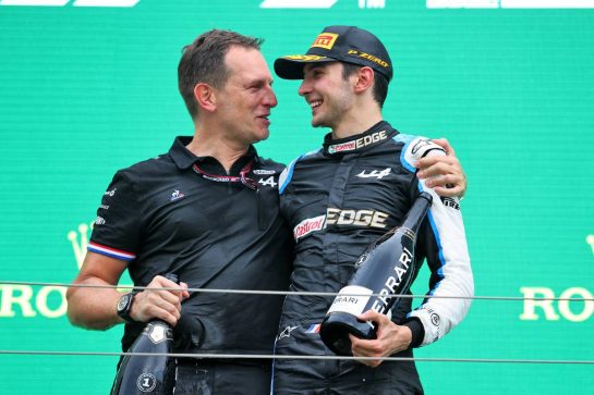Race winner Esteban Ocon (FRA) Alpine F1 Team celebrates on the podium with Laurent Rossi (FRA) Alpine Chief Executive Officer.
01.08.2021. Formula 1 World Championship, Rd 11, Hungarian Grand Prix, Budapest, Hungary, Race Day.
- www.xpbimages.com, EMail: requests@xpbimages.com &copy; Copyright: Charniaux / XPB Images