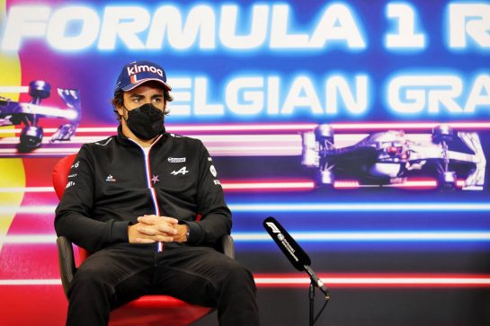Fernando Alonso (ESP) Alpine F1 Team in the FIA Press Conference.
26.08.2021. Formula 1 World Championship, Rd 12, Belgian Grand Prix, Spa Francorchamps, Belgium, Preparation Day.
- www.xpbimages.com, EMail: requests@xpbimages.com © Copyright: Charniaux / XPB Images