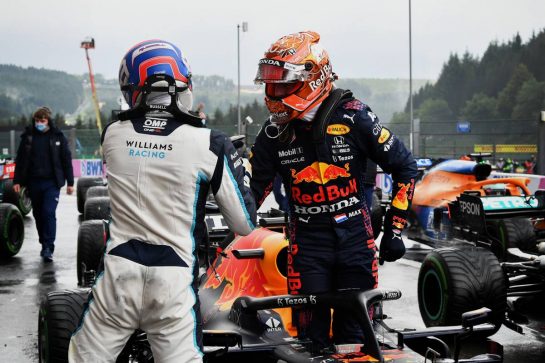 (L to R): George Russell (GBR) Williams Racing celebrates his second position in qualifying parc ferme with pole sitter Max Verstappen (NLD) Red Bull Racing RB16B.
28.08.2021. Formula 1 World Championship, Rd 12, Belgian Grand Prix, Spa Francorchamps, Belgium, Qualifying Day.
- www.xpbimages.com, EMail: requests@xpbimages.com © Copyright: FIA Pool Image for Editorial Use Only