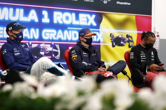 (L to R): George Russell (GBR) Williams Racing; Max Verstappen (NLD) Red Bull Racing; and Lewis Hamilton (GBR) Mercedes AMG F1, in the post qualifying FIA Press Conference.
28.08.2021. Formula 1 World Championship, Rd 12, Belgian Grand Prix, Spa Francorchamps, Belgium, Qualifying Day.
- www.xpbimages.com, EMail: requests@xpbimages.com © Copyright: FIA Pool Image for Editorial Use Only
