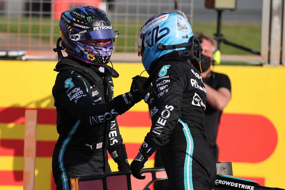 Fastest in Qualifying, Lewis Hamilton (GBR) Mercedes AMG F1 W12 with Valtteri Bottas (FIN) Mercedes AMG F1. 16.07.2021. Formula 1 World Championship, Rd 10, British Grand Prix, Silverstone