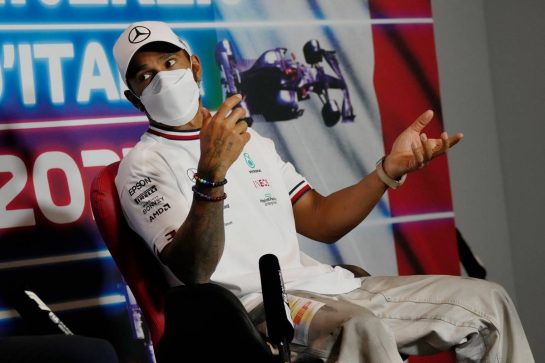 Lewis Hamilton (GBR) Mercedes AMG F1 in the FIA Press Conference.
09.09.2021. Formula 1 World Championship, Rd 14, Italian Grand Prix, Monza, Italy, Preparation Day.
- www.xpbimages.com, EMail: requests@xpbimages.com © Copyright: FIA Pool Image for Editorial Use Only
