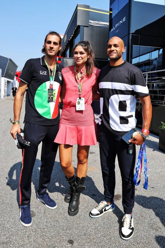 Linda Morselli, girlfriend of Fernando Alonso (ESP) Alpine F1 Team, with Gianmarco Tamberi (ITA) Olympic High Jump Champion (Left) and Lamont Marcell Jacobs (ITA) Olympic 100m Champion (Right).
12.09.2021. Formula 1 World Championship, Rd 14, Italian Grand Prix, Monza, Italy, Race Day.
- www.xpbimages.com, EMail: requests@xpbimages.com &copy; Copyright: Moy / XPB Images