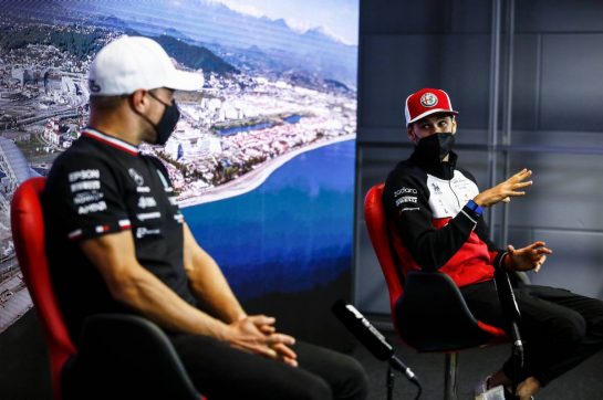 (L to R): Valtteri Bottas (FIN) Mercedes AMG F1 and Antonio Giovinazzi (ITA) Alfa Romeo Racing in the FIA Press Conference.
23.09.2021. Formula 1 World Championship, Rd 15, Russian Grand Prix, Sochi Autodrom, Sochi, Russia, Preparation Day.
- www.xpbimages.com, EMail: requests@xpbimages.com &copy; Copyright: FIA Pool Image for Editorial Use Only