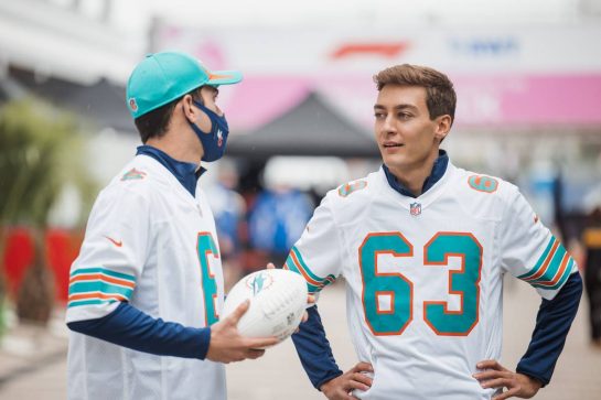 (L to R): Nicholas Latifi (CDN) Williams Racing and George Russell (GBR) Williams Racing play American Football in the paddock.
23.09.2021. Formula 1 World Championship, Rd 15, Russian Grand Prix, Sochi Autodrom, Sochi, Russia, Preparation Day.
- www.xpbimages.com, EMail: requests@xpbimages.com &copy; Copyright: Bearne / XPB Images