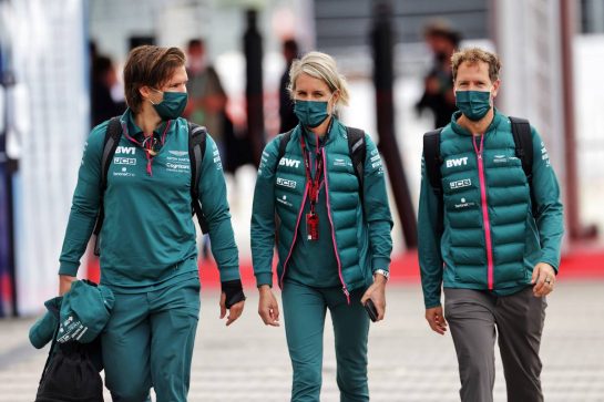 Sebastian Vettel (GER) Aston Martin F1 Team (Right) with Antti Kontsas (FIN) Personal Trainer (Left) and Britta Roeske (AUT) Aston Martin F1 Team Public Relations Manager.
24.09.2021. Formula 1 World Championship, Rd 15, Russian Grand Prix, Sochi Autodrom, Sochi, Russia, Practice Day.
- www.xpbimages.com, EMail: requests@xpbimages.com &copy; Copyright: Bearne / XPB Images