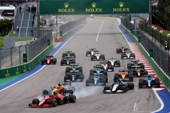 Carlos Sainz Jr (ESP) Ferrari SF-21 leads Lando Norris (GBR) McLaren MCL35M at the start of the race.
26.09.2021. Formula 1 World Championship, Rd 15, Russian Grand Prix, Sochi Autodrom, Sochi, Russia, Race Day.
- www.xpbimages.com, EMail: requests@xpbimages.com &copy; Copyright: Moy / XPB Images