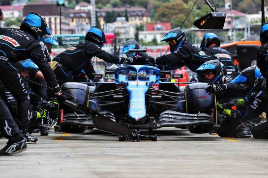 Fernando Alonso (ESP) Alpine F1 Team A521 makes a pit stop.
26.09.2021. Formula 1 World Championship, Rd 15, Russian Grand Prix, Sochi Autodrom, Sochi, Russia, Race Day.
- www.xpbimages.com, EMail: requests@xpbimages.com &copy; Copyright: Charniaux / XPB Images
