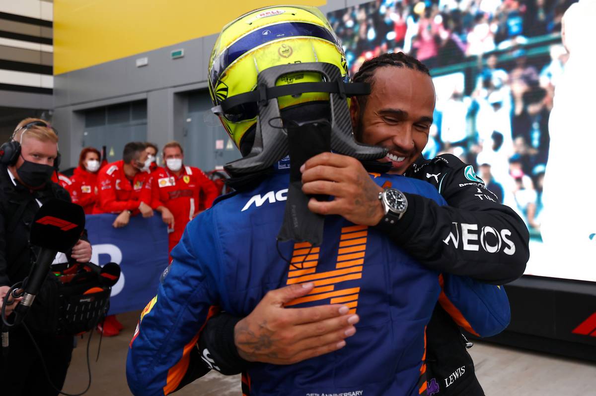 Lando Norris (GBR) McLaren with race winner Lewis Hamilton (GBR) Mercedes AMG F1 in parc ferme. 26.09.2021. Formula 1 World Championship, Rd 15, Russian Grand Prix, Sochi