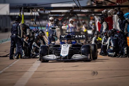 George Russell (GBR) Williams Racing FW43B makes a pit stop.
24.10.2021. Formula 1 World Championship, Rd 17, United States Grand Prix, Austin, Texas, USA, Race Day.
- www.xpbimages.com, EMail: requests@xpbimages.com &copy; Copyright: Bearne / XPB Images