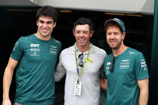 (L to R): Lance Stroll (CDN) Aston Martin F1 Team with Rory McIlroy (GBR) Professional Golfer and Sebastian Vettel (GER) Aston Martin F1 Team.
24.10.2021. Formula 1 World Championship, Rd 17, United States Grand Prix, Austin, Texas, USA, Race Day.
- www.xpbimages.com, EMail: requests@xpbimages.com &copy; Copyright: Moy / XPB Images