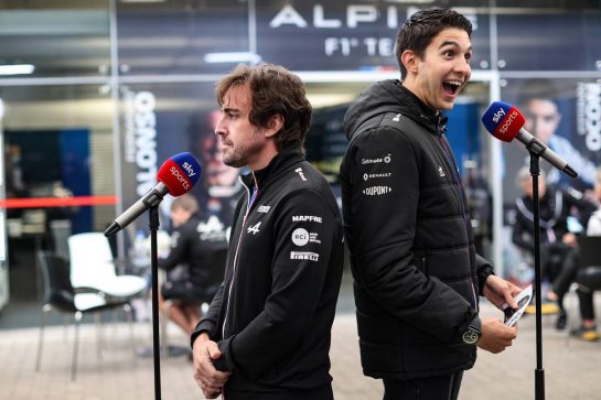 (L to R): Fernando Alonso (ESP) Alpine F1 Team with team mate Esteban Ocon (FRA) Alpine F1 Team.
11.11.2021. Formula 1 World Championship, Rd 19, Brazilian Grand Prix, Sao Paulo, Brazil, Preparation Day.
- www.xpbimages.com, EMail: requests@xpbimages.com &copy; Copyright: Charniaux / XPB Images