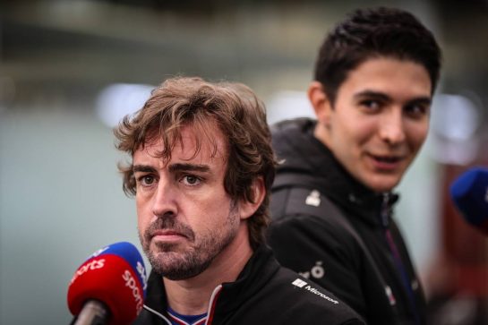 (L to R): Fernando Alonso (ESP) Alpine F1 Team with team mate Esteban Ocon (FRA) Alpine F1 Team.
11.11.2021. Formula 1 World Championship, Rd 19, Brazilian Grand Prix, Sao Paulo, Brazil, Preparation Day.
- www.xpbimages.com, EMail: requests@xpbimages.com &copy; Copyright: Charniaux / XPB Images