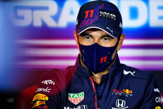Sergio Perez (MEX) Red Bull Racing in the FIA Press Conference.
11.11.2021. Formula 1 World Championship, Rd 19, Brazilian Grand Prix, Sao Paulo, Brazil, Preparation Day.
- www.xpbimages.com, EMail: requests@xpbimages.com &copy; Copyright: Carezzevoli / XPB Images