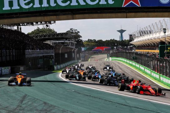 Lando Norris (GBR) McLaren MCL35M runs wide with a puncture after contact with Carlos Sainz Jr (ESP) Ferrari SF-21 (Right) at the start of the race.
14.11.2021. Formula 1 World Championship, Rd 19, Brazilian Grand Prix, Sao Paulo, Brazil, Race Day.
- www.xpbimages.com, EMail: requests@xpbimages.com &copy; Copyright: Batchelor / XPB Images