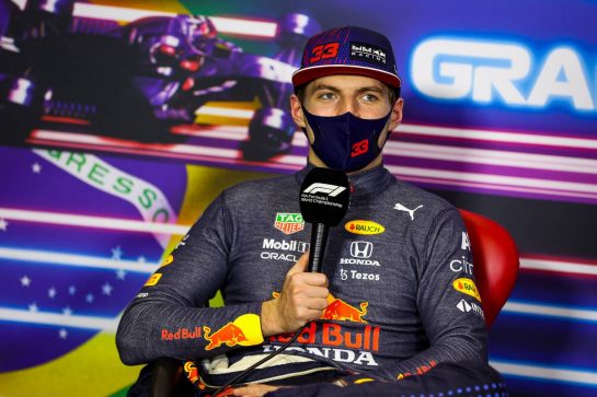 Max Verstappen (NLD) Red Bull Racing in the post race FIA Press Conference.
14.11.2021. Formula 1 World Championship, Rd 19, Brazilian Grand Prix, Sao Paulo, Brazil, Race Day.
- www.xpbimages.com, EMail: requests@xpbimages.com &copy; Copyright: FIA Pool Image for Editorial Use Only