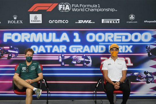 (L to R): Sebastian Vettel (GER) Aston Martin F1 Team and Lando Norris (GBR) McLaren in the FIA Press Conference.
18.11.2021. Formula 1 World Championship, Rd 20, Qatar Grand Prix, Doha, Qatar, Preparation Day.
- www.xpbimages.com, EMail: requests@xpbimages.com © Copyright: FIA Pool Image for Editorial Use Only