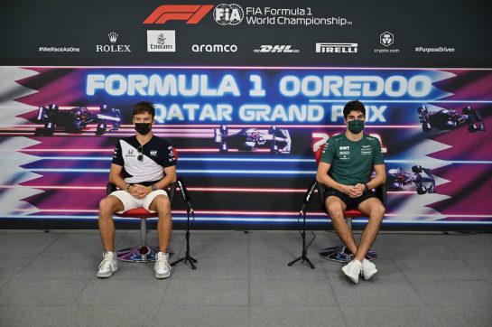 (L to R): Pierre Gasly (FRA) AlphaTauri and Lance Stroll (CDN) Aston Martin F1 Team in the FIA Press Conference.
18.11.2021. Formula 1 World Championship, Rd 20, Qatar Grand Prix, Doha, Qatar, Preparation Day.
- www.xpbimages.com, EMail: requests@xpbimages.com © Copyright: FIA Pool Image for Editorial Use Only